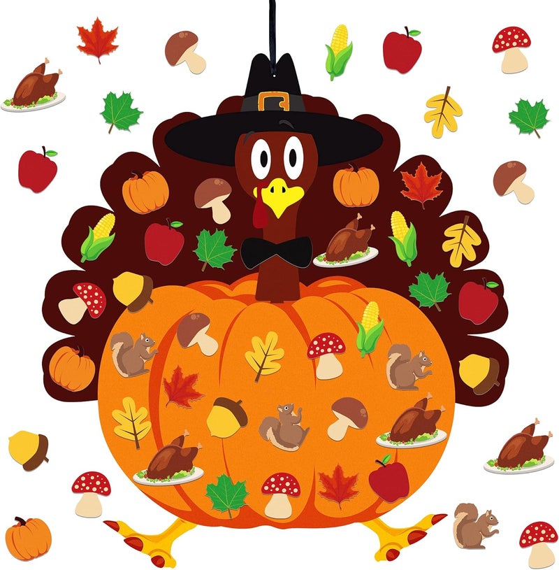 HALOGATE Fall Thanksgiving Felt Craft Kit - DIY Turkey Pumpkin Felt Set with 34 Pcs Detachable Fall Maple Leaves Squirrel Pine Cones Corns Ornaments for Kids Gifts Classroom Craft Thanksgiving Activity - Image 1